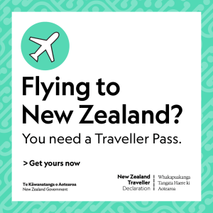 Square social tile with green border that says Flying to New Zealand? You need a traveller pass.