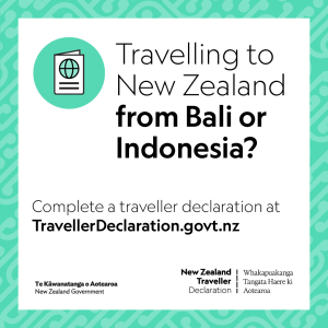 Square social tile with green border that says Travelling to New Zealand from Bali or Indonesia? Complete a traveller declaration.